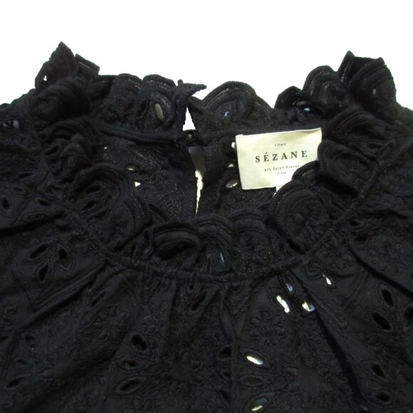NWT Sezane Louisah Blouse in Noir Black Sheer Eyelet Ruffle Neck Top 46 US 14 - Picture 3 of 10